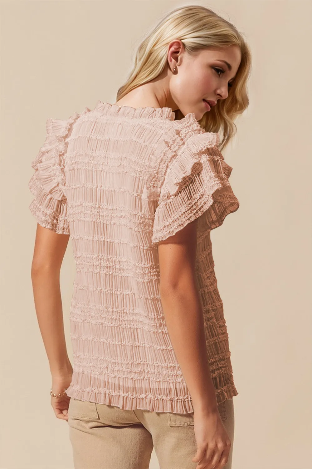 Full Size Frill Notched Flounce Sleeve Blouse, image 4