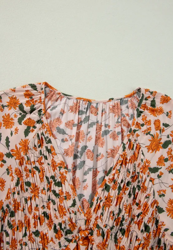 Smocked Printed V-Neck Long Sleeve Dress, image 9
