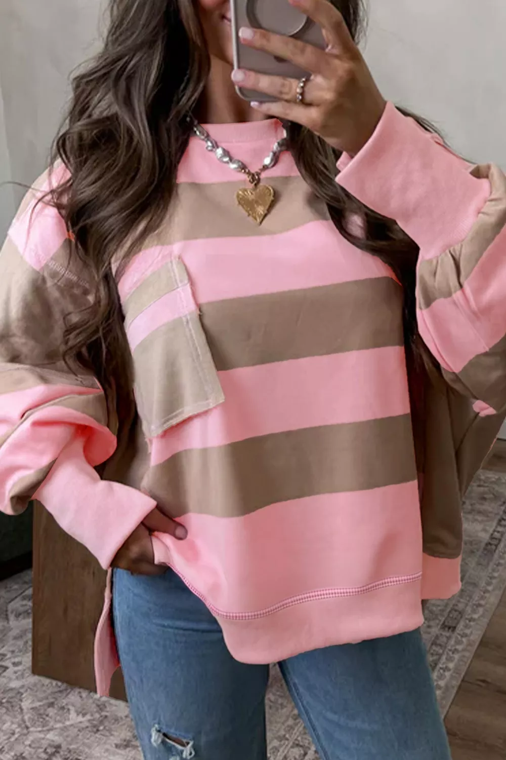 Striped Colorblock Patch Pocket Split Hem Oversized Long Sleeve Sweatshirt, image 4