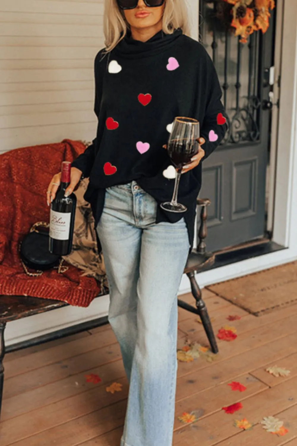 Valentine’s Day Heart Patched Turtleneck Long Sleeve Top, image 3