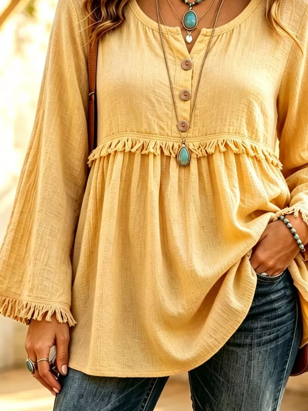 Button-Down Detail Fringed Hem Blouse, image 5