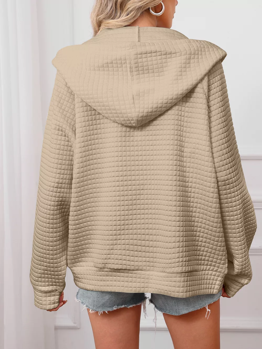 Full Size Textured Quilted Zip-Up Hooded Jacket Plus Size, image 5