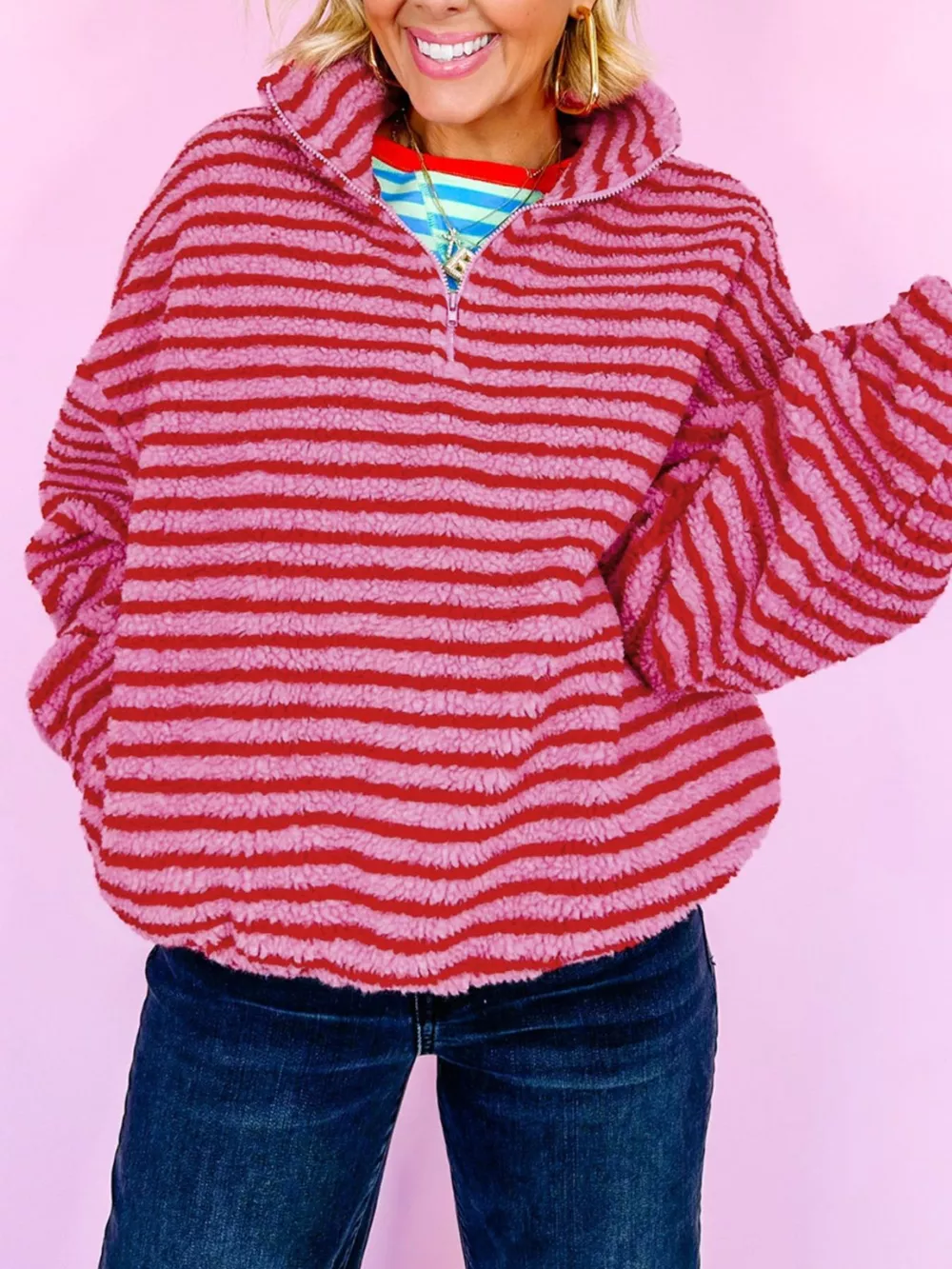 Striped Quarter-Zip Fleece Sweatshirt, image 5