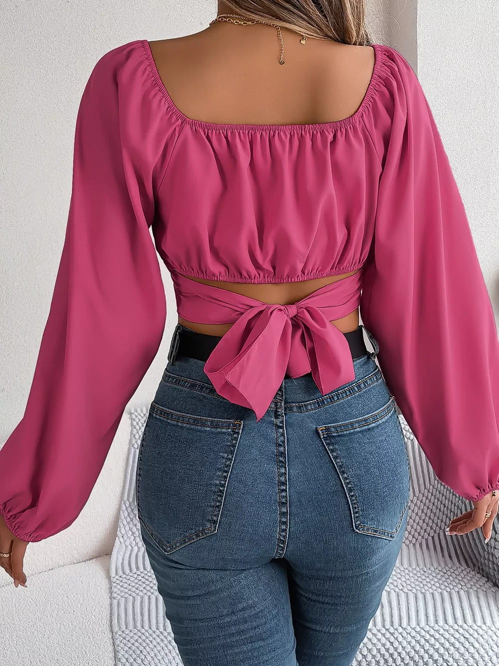 Scoop Neck Balloon Sleeve Cropped Blouse, image 2
