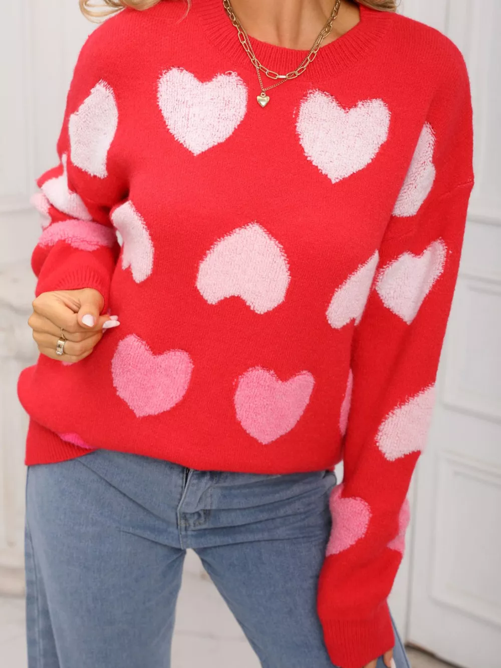 Valentine's Day Heart Pattern Fuzzy Knit Sweater, image 11