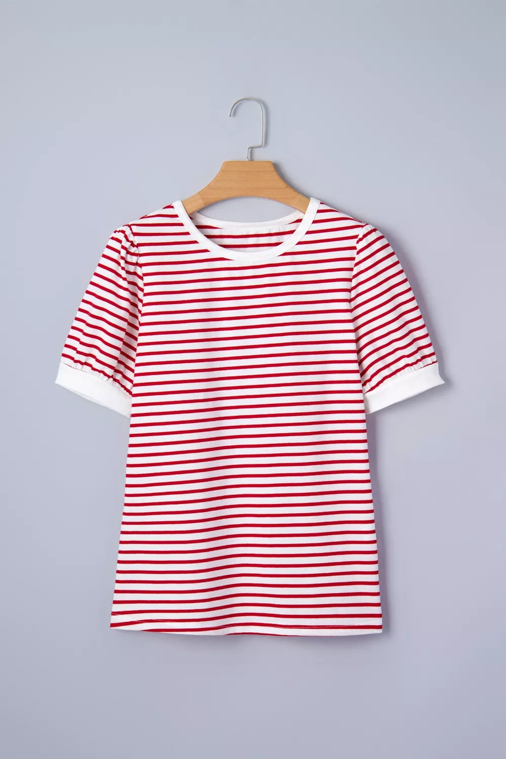 Stripe Contrast Trim Round Neck Short Puff Sleeve T Shirt, image 6