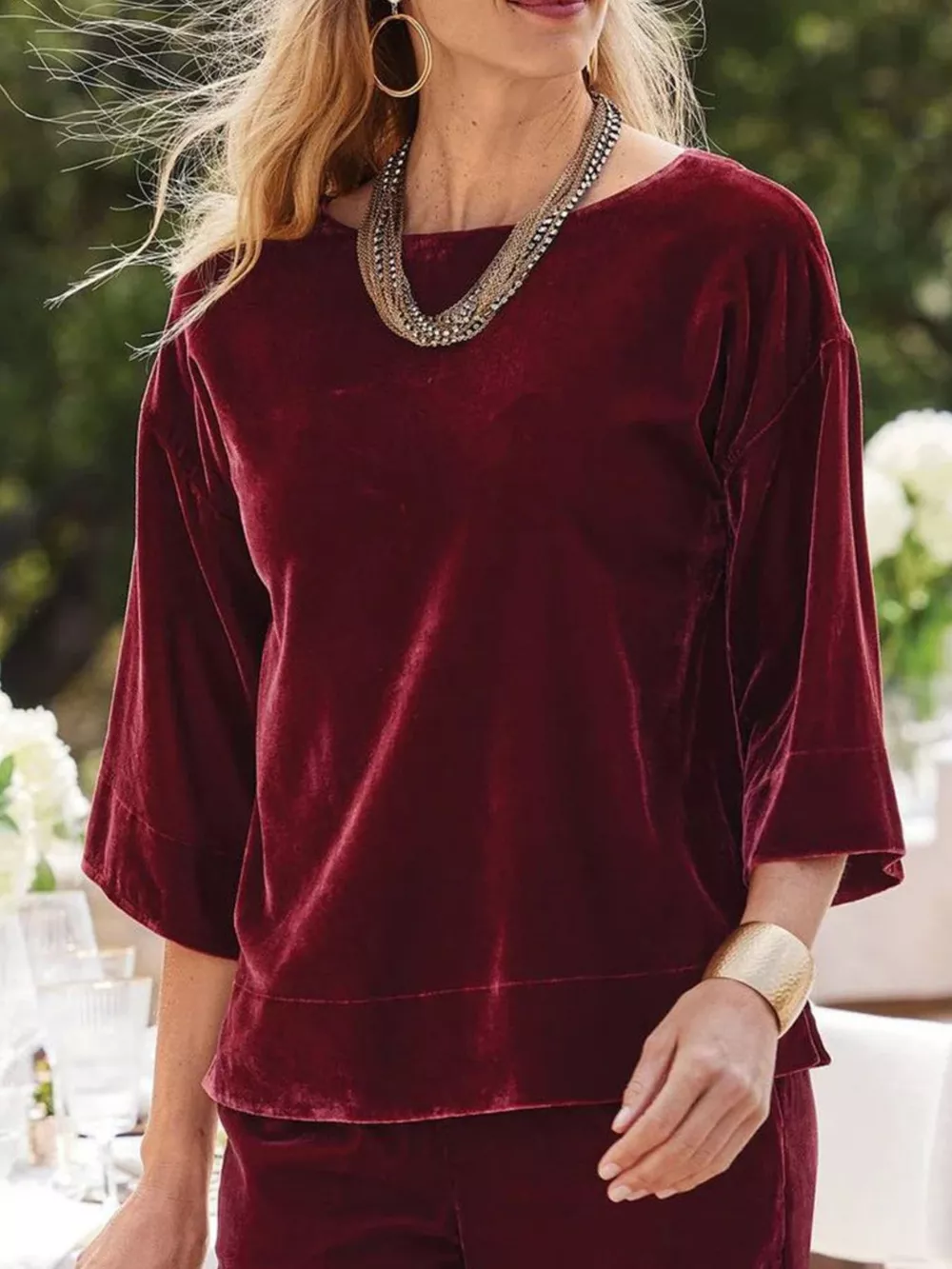 Velvet Boat-Neck T-Shirt with Three-Quarter Sleeves, image 2