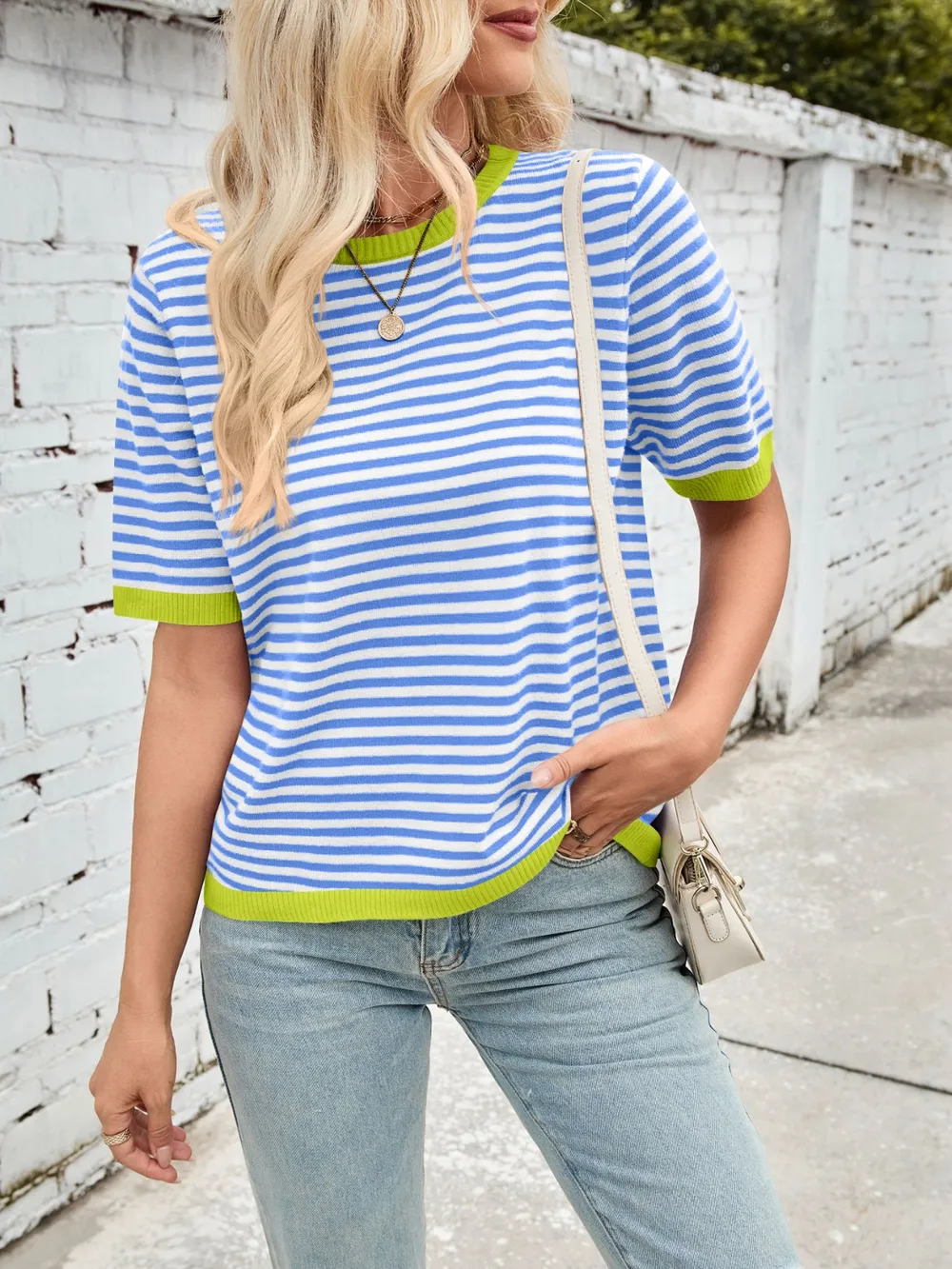 Striped Contrast Round Neck Half Sleeve Knit Top, image 33