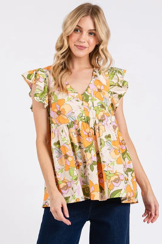 Floral V-Neck Ruffled Cap Sleeve Blouse