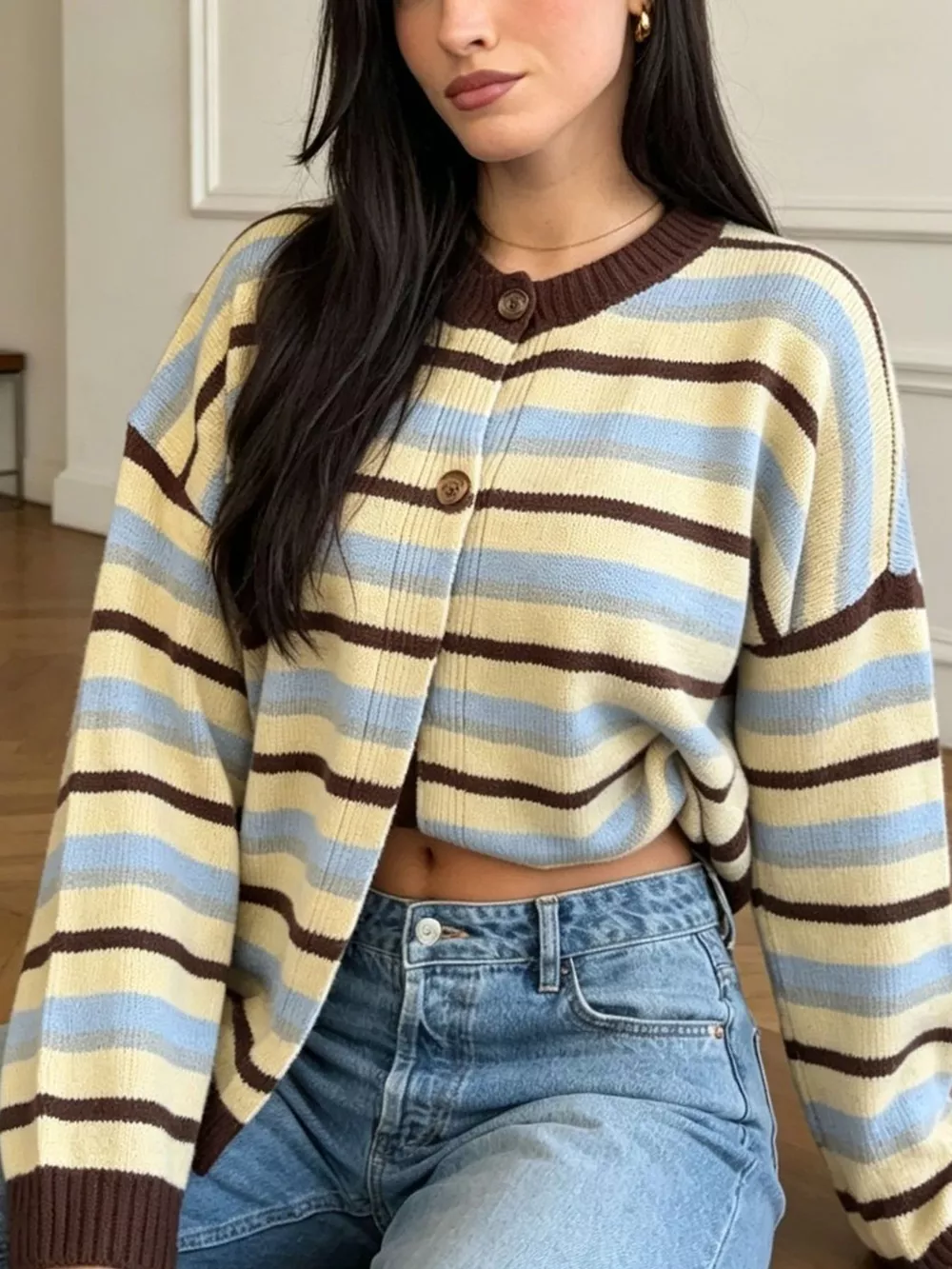 Striped Crew Neck Button-Down Cardigan, image 4