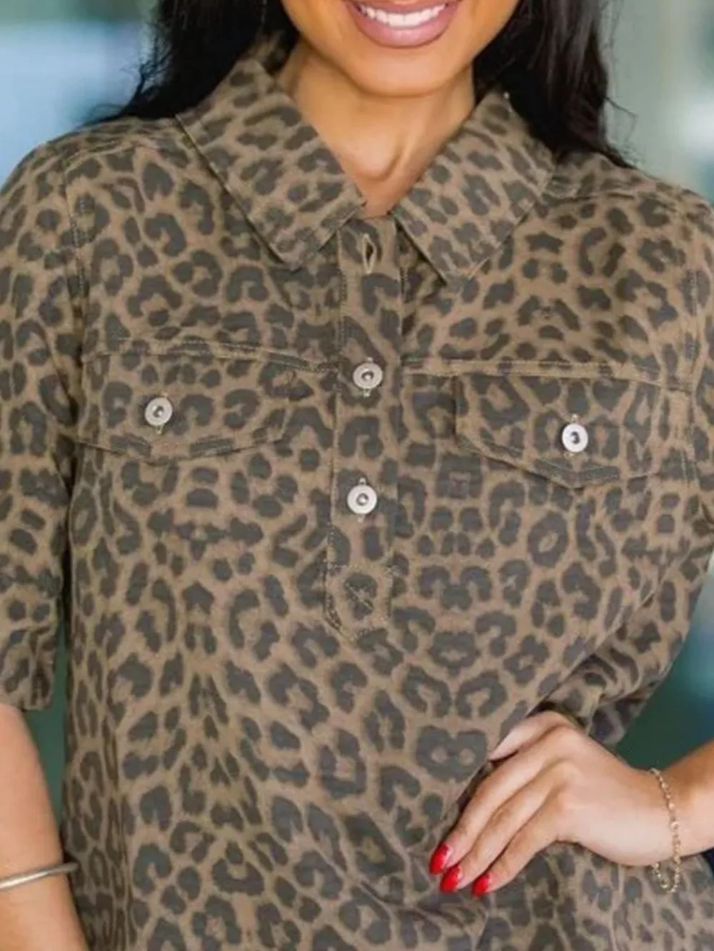 Leopard Print Short Sleeve Denim Dress, image 2