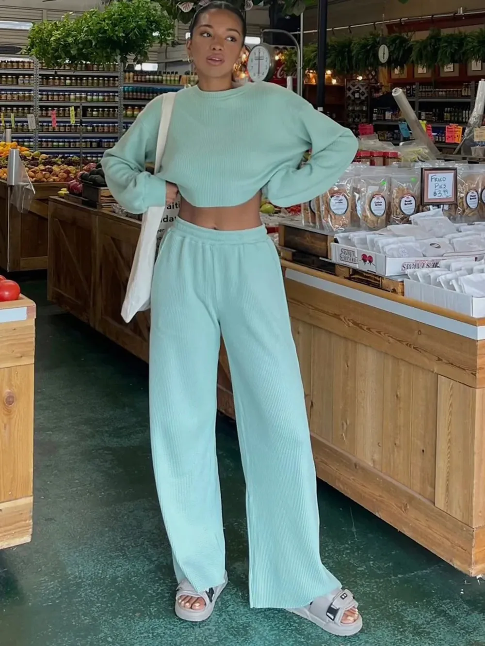 Waffle-Knit Round Neck Top and Pants Set, image 17