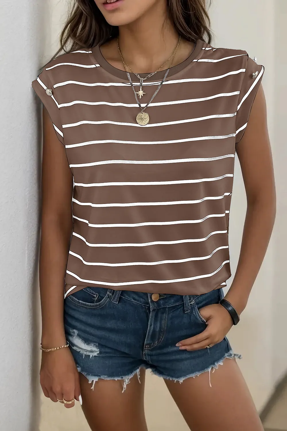Decorative Button Round Neck T-Shirt, image 21