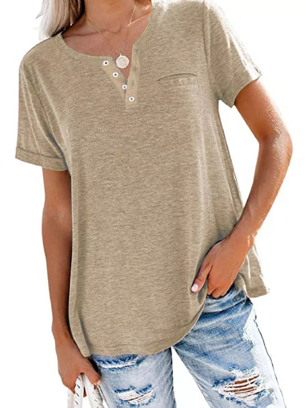 Full Size Casual Button-Front Pocket T-Shirt Plus Size, image 10