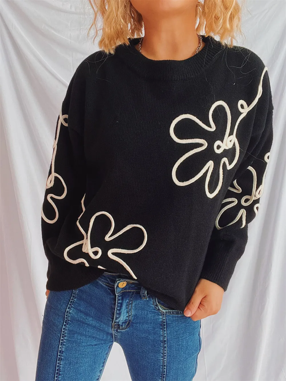 Flower Round Neck Long Sleeve Sweater, image 5