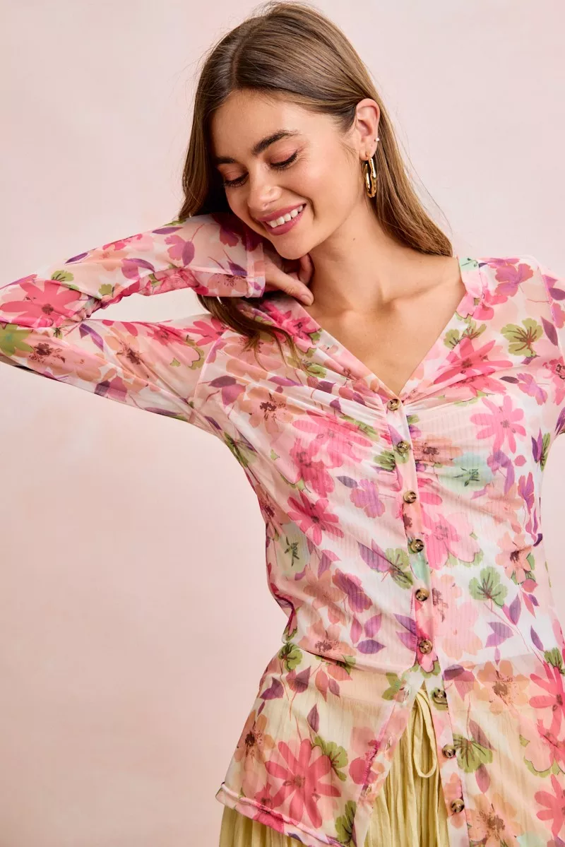 BiBi Floral Shrried Detail Button Up Mesh Cardigan Top, image 11