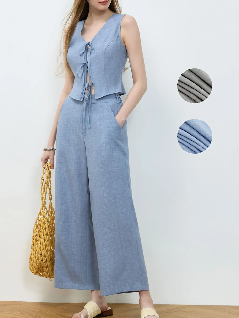 Tie Front Vest and Wide Leg Pants Set, image 12