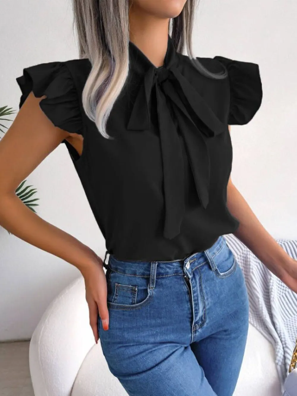 Ruffle Cap Sleeve Bow Tie Blouse, image 14