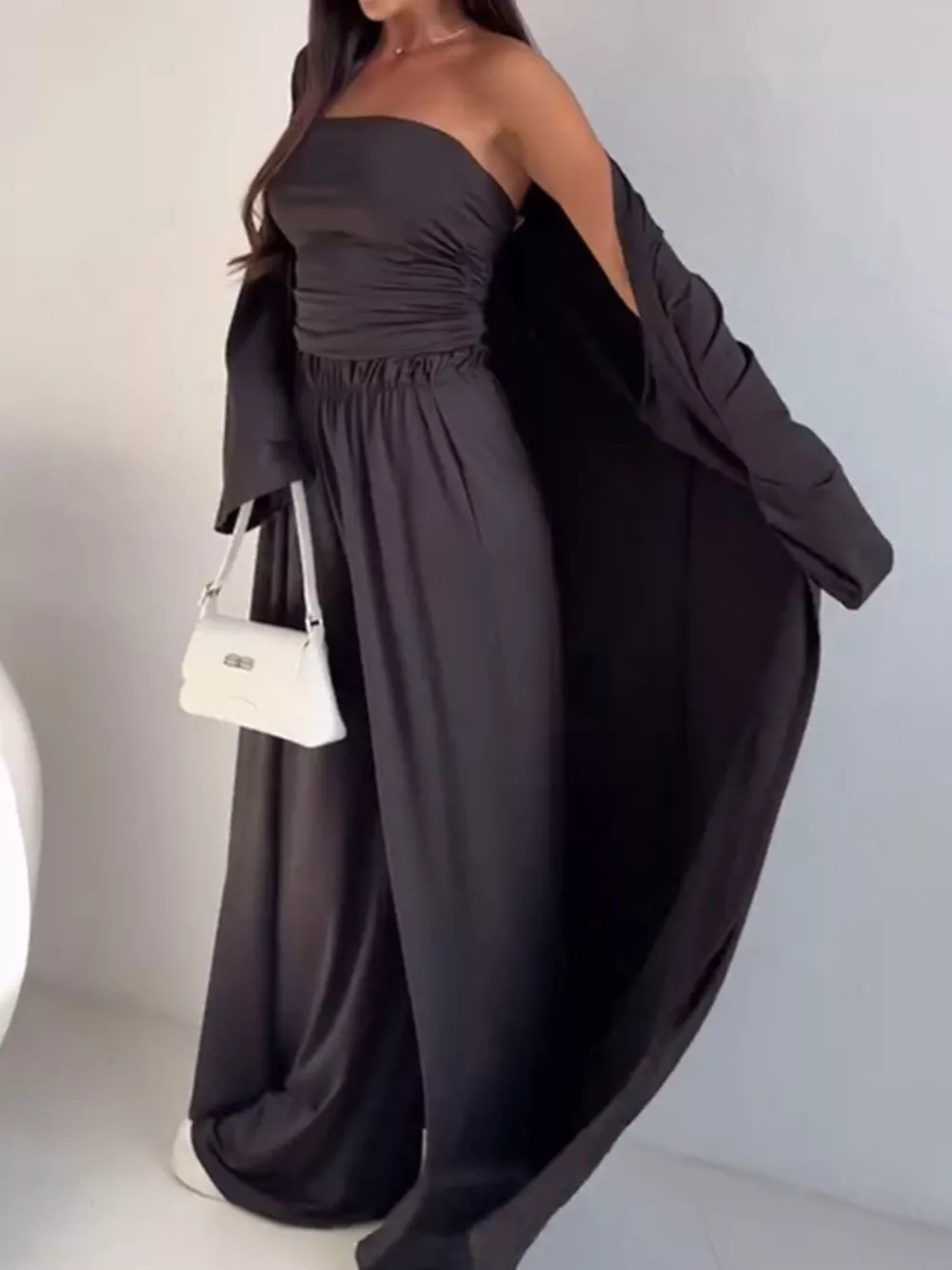 Chic Strapless Ruched Crop Top and Wide-Leg Pants with Cardigan 3-Piece Set, image 7