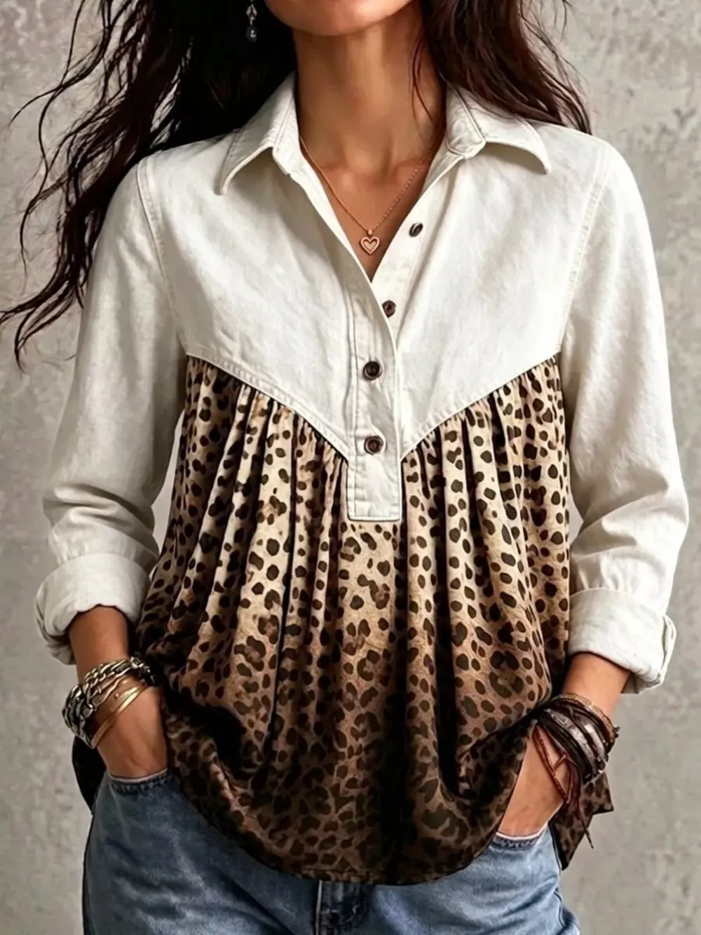Full Size Leopard Button Detail Blouse Plus Size, image 13