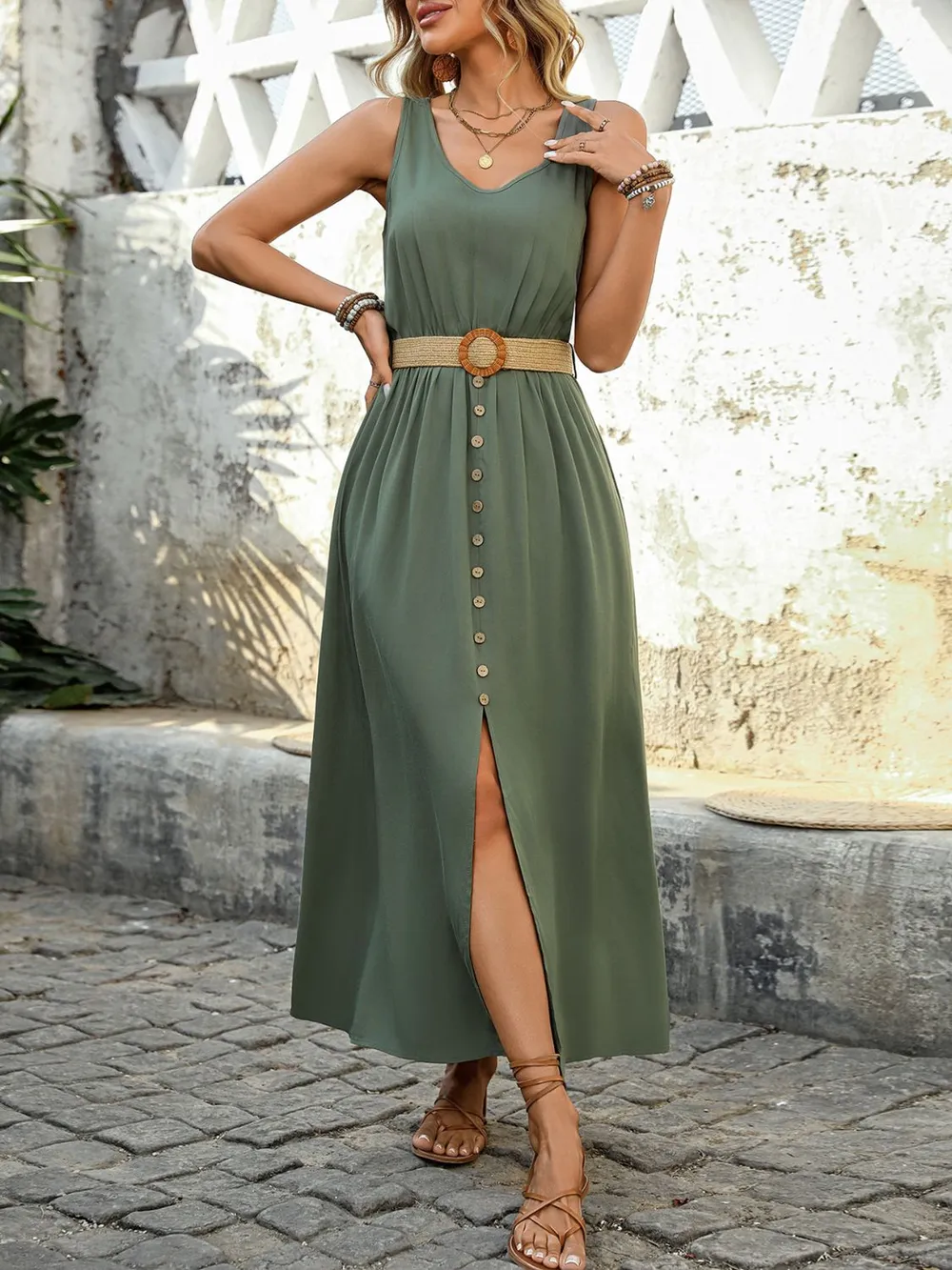Decorative Button Slit Sleeveless Midi Dress, image 4