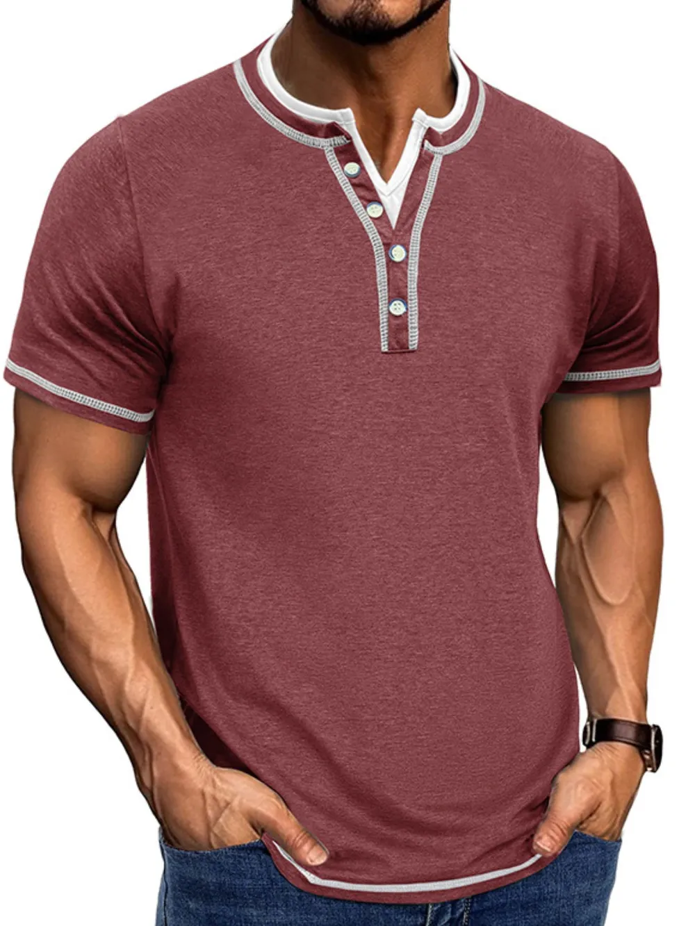 Men's Casual Henley Polo Shirt with Contrast Trim, image 8