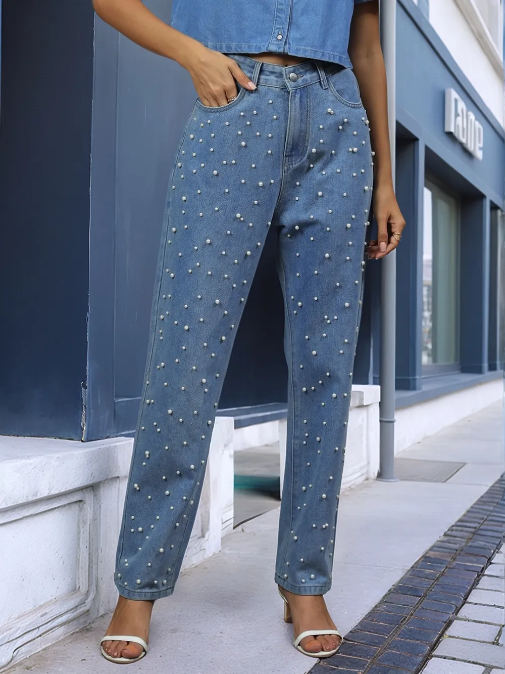 Pearl Detail Jeans with Pockets