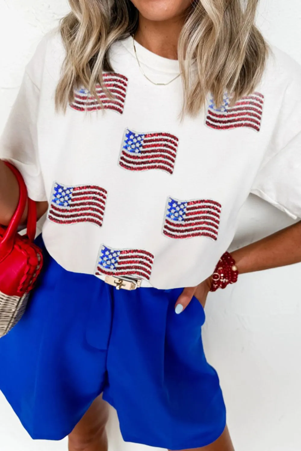 Sequin American Flag Patched Casual T Shirt, image 4