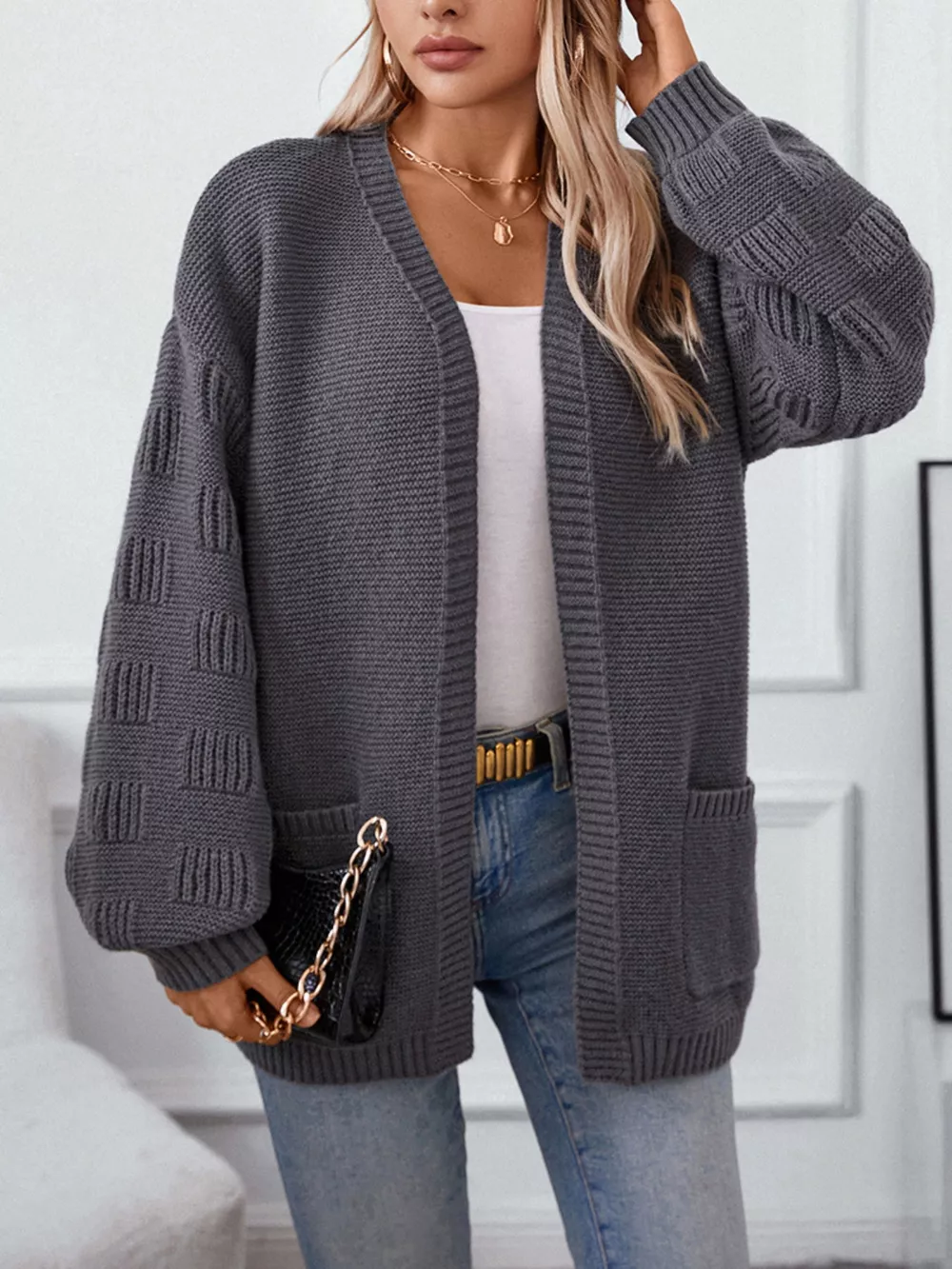 Textured Knit Open Front Cardigan, image 4