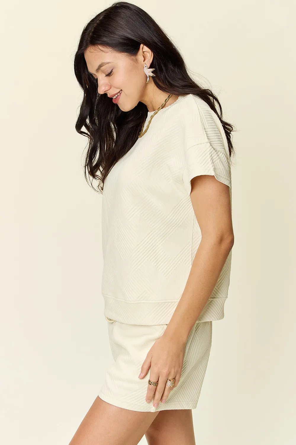 Full Size Texture Short Sleeve T-Shirt and Drawstring Shorts Set, image 23
