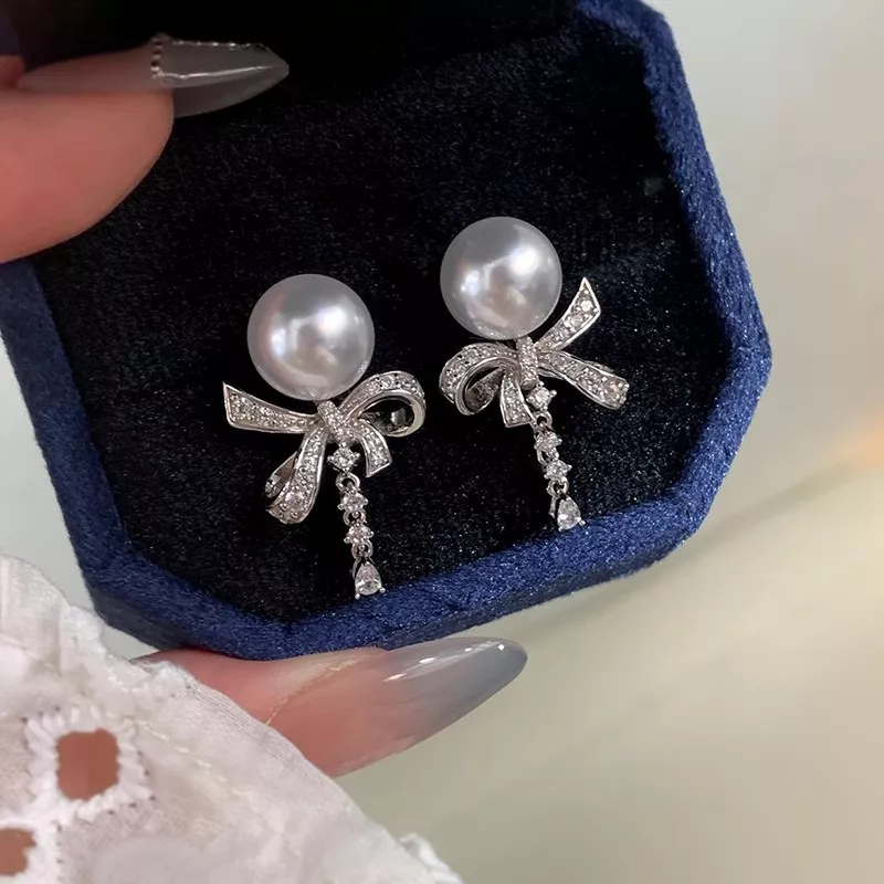 Pearl & Bow Drop Earrings, image 3