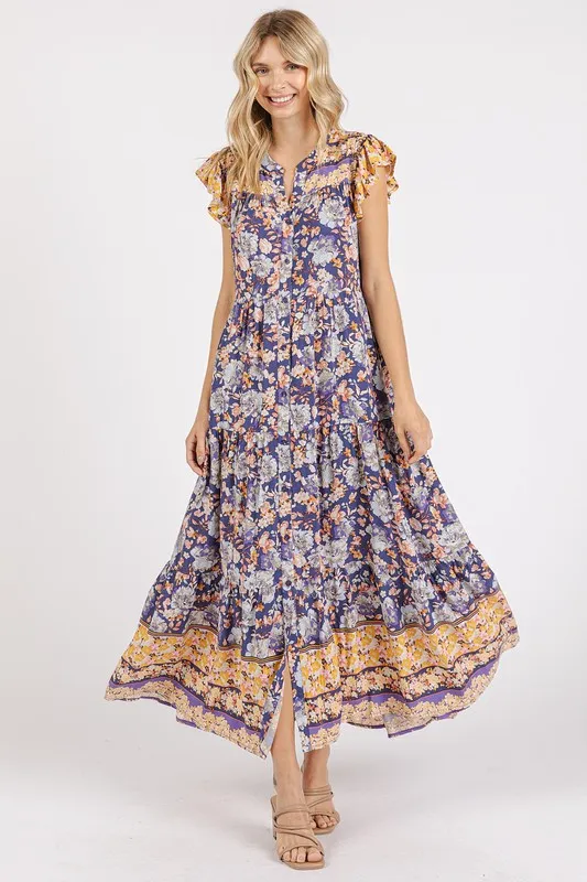 Floral Ruffled Notched Cap Sleeve Maxi Dress, image 2