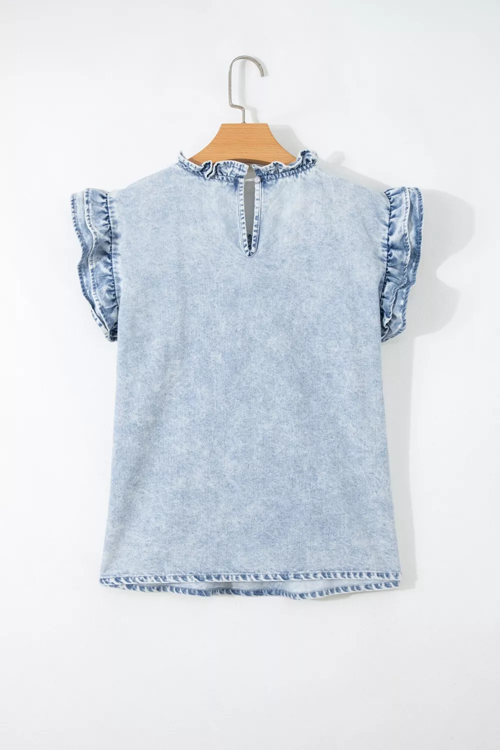 Ruffle Pleated Detail Vintage Washed Denim Top, image 6