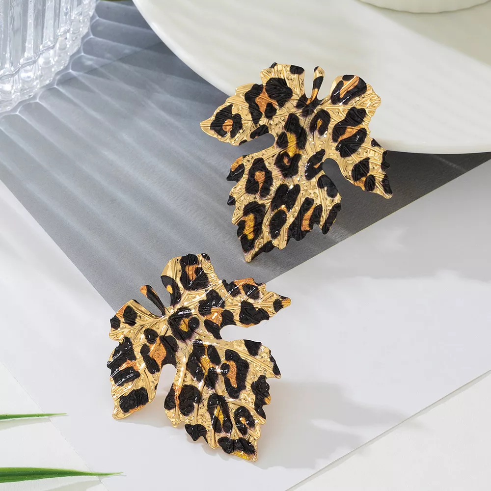 Alloy Leopard Print Leaf Earrings, image 5