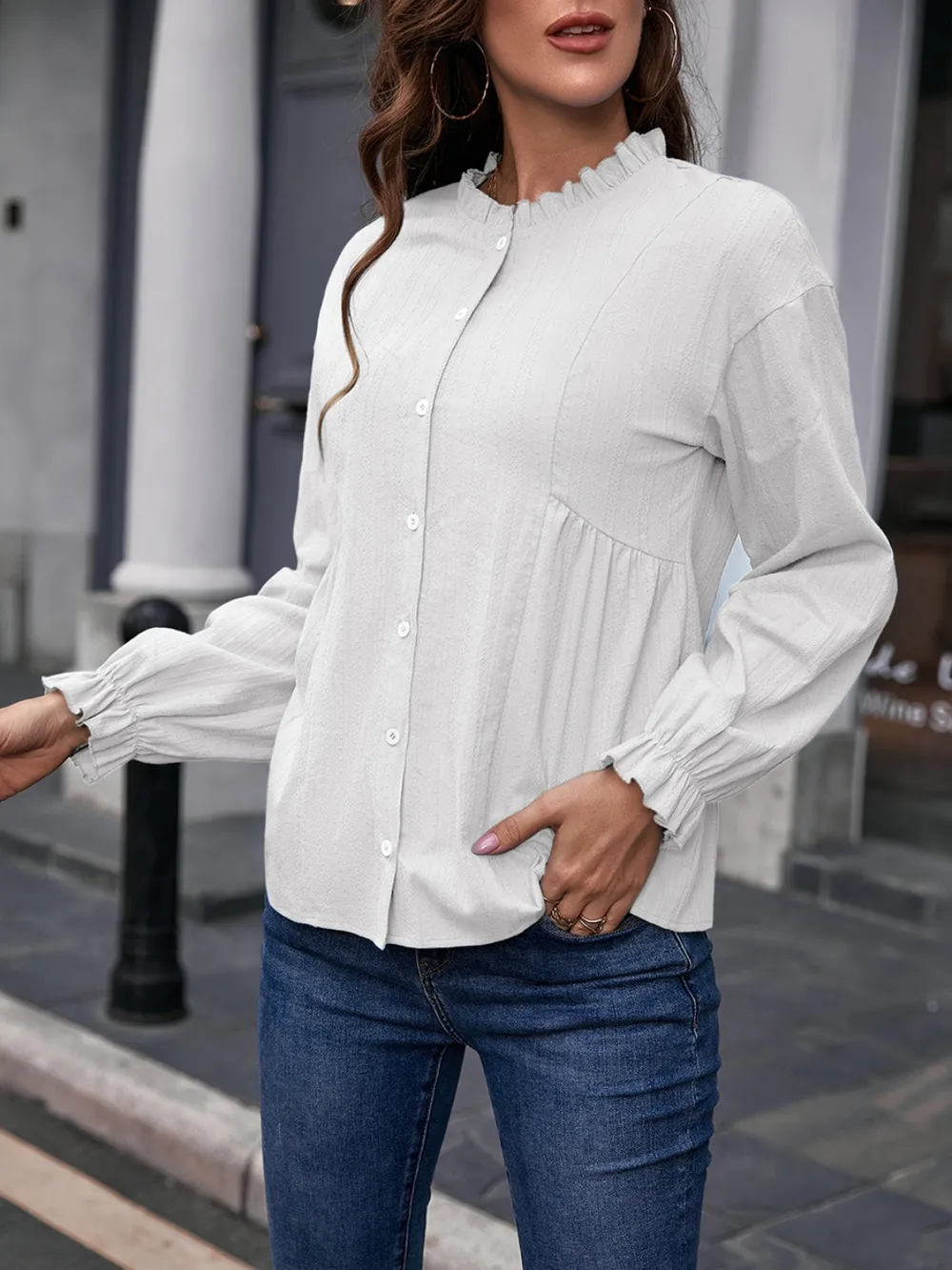 Frill Button Up Flounce Sleeve Blouse, image 3