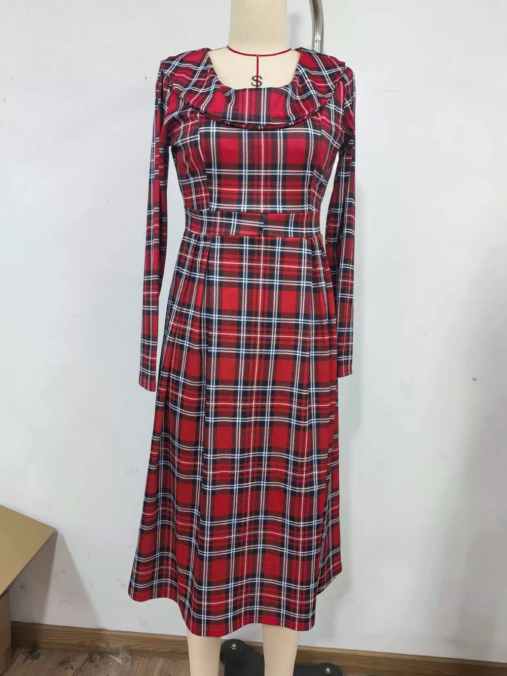 Vintage Plaid Long Sleeve Midi Dress, image 2
