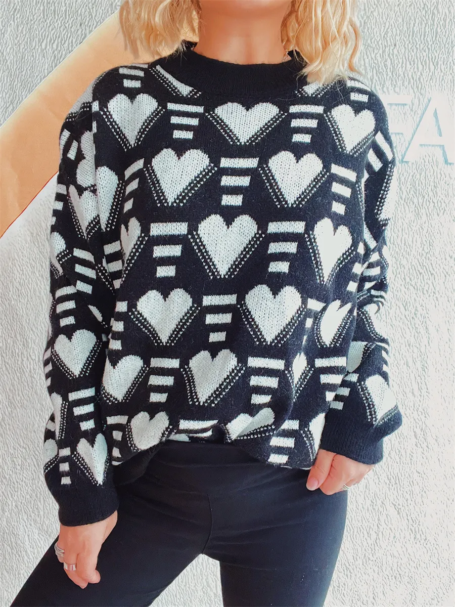Heart Contrast Long Sleeve Dropped Shoulder Sweater, image 25