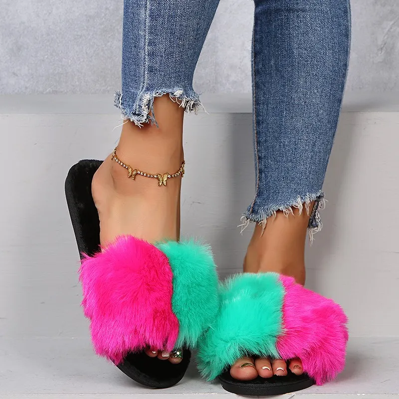 Fuzzy Open Toe Flats Sandals, image 4