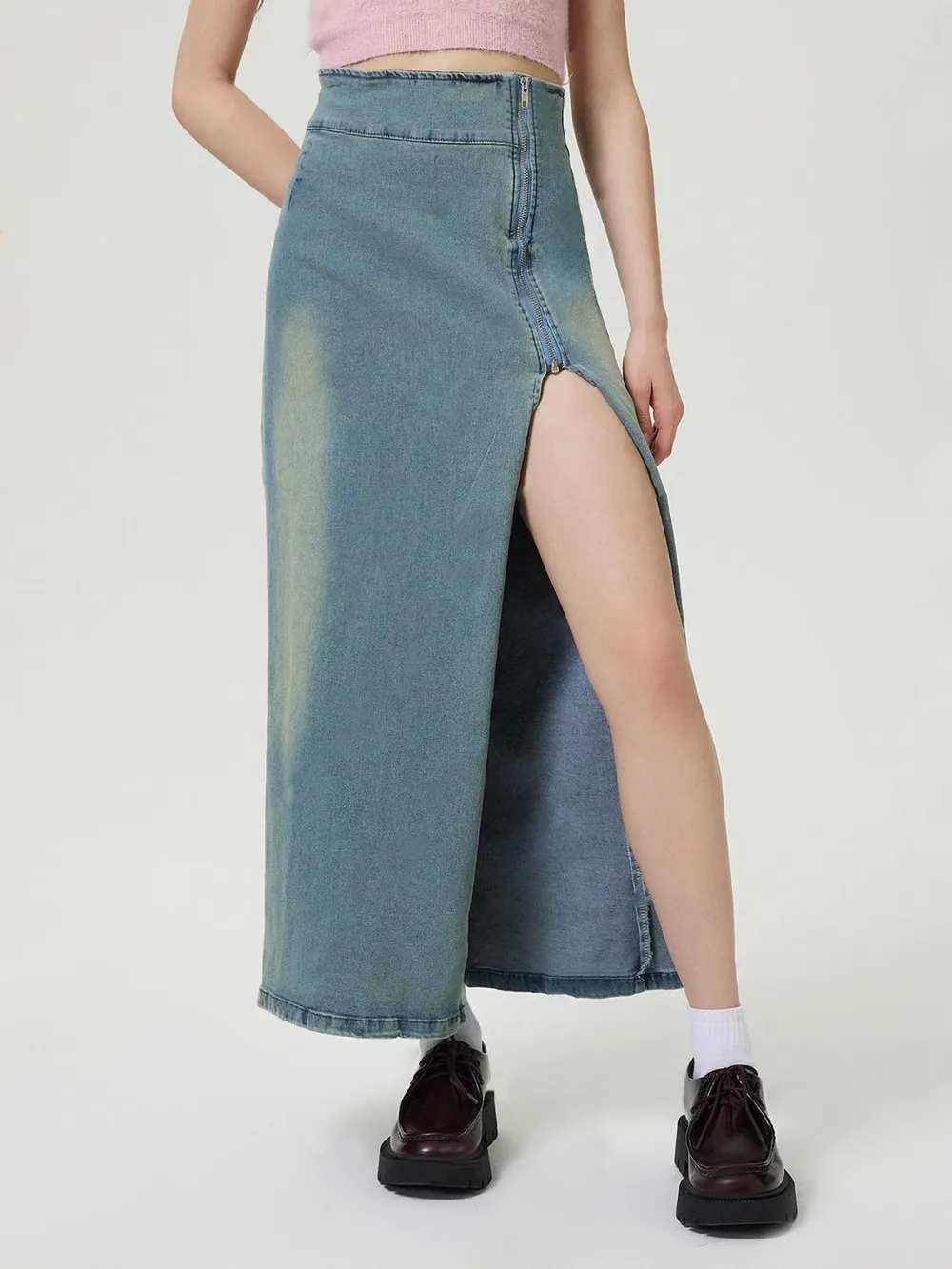 Slit Denim Skirt with Zip, image 2