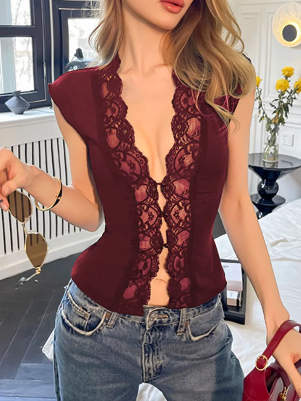 Lace Trim Button Front Vest, image 22