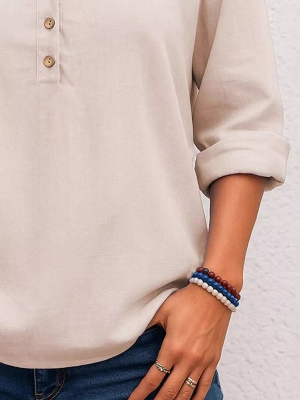 Full Size Button Detail Notched Long Sleeve Blouse Plus Size, image 3