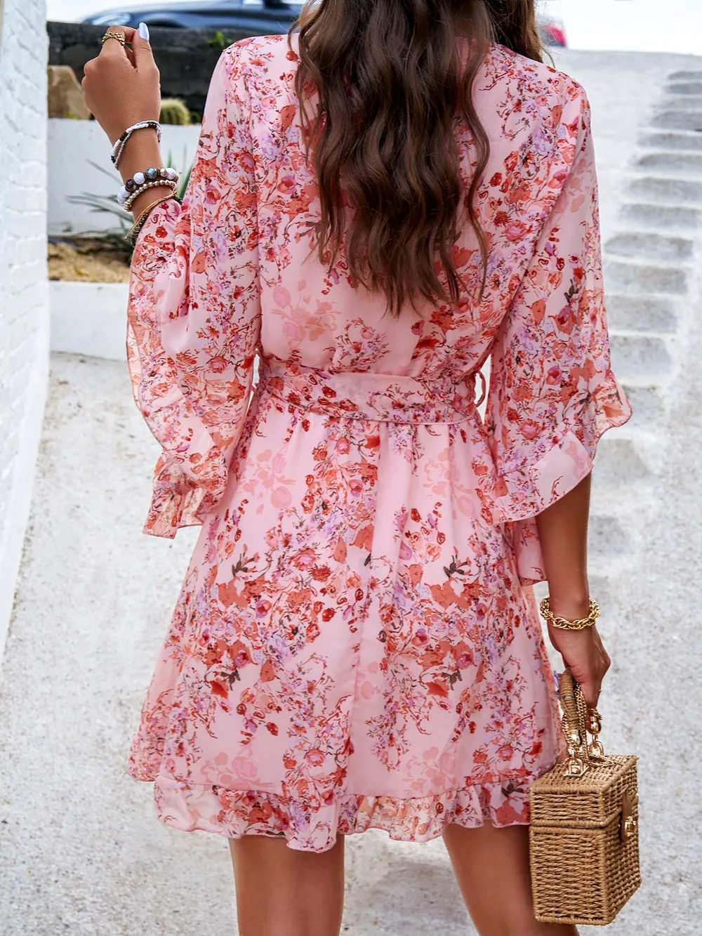 Ruffled Printed Surplice Half Sleeve Mini Dress, image 3