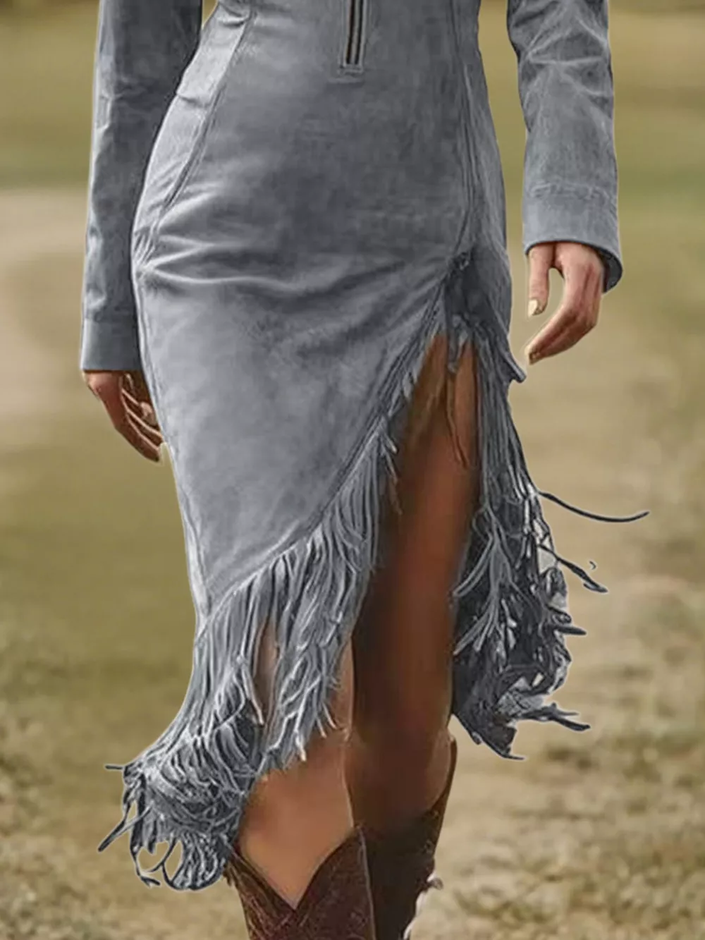 Full Size Fringe Hem Zip Front Bodycon Dress Plus Size, image 10