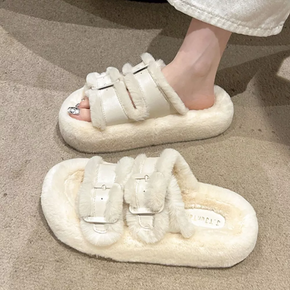 Fuzzy Buckle Detail Slippers, image 7