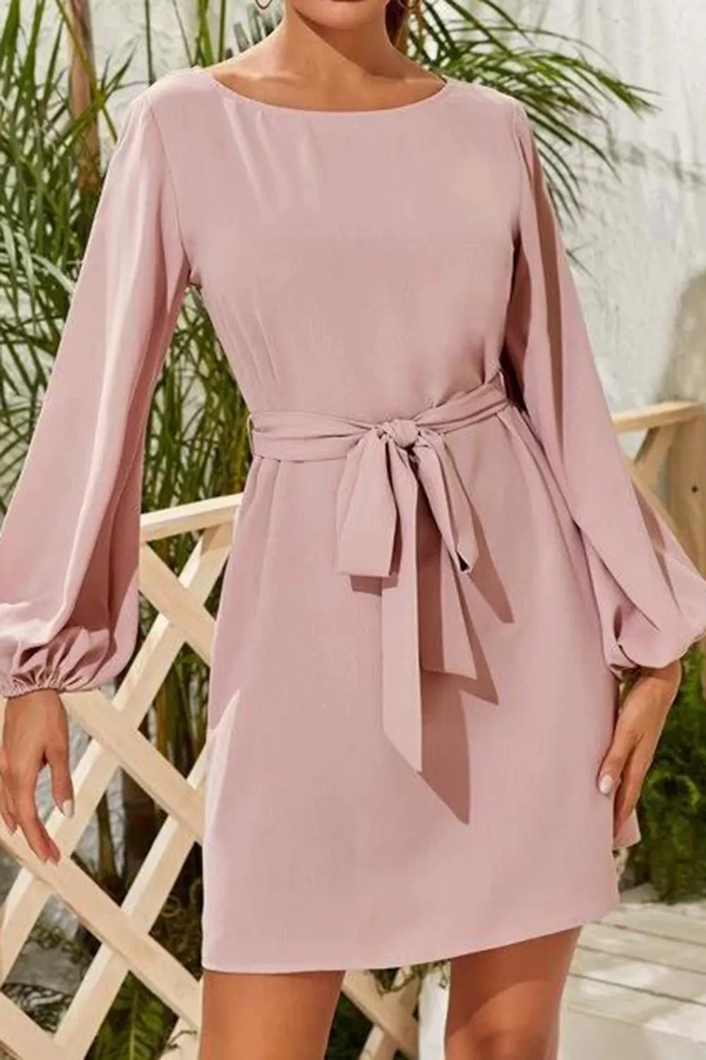 Tied Boat Neck Balloon Sleeve Mini Dress, image 2