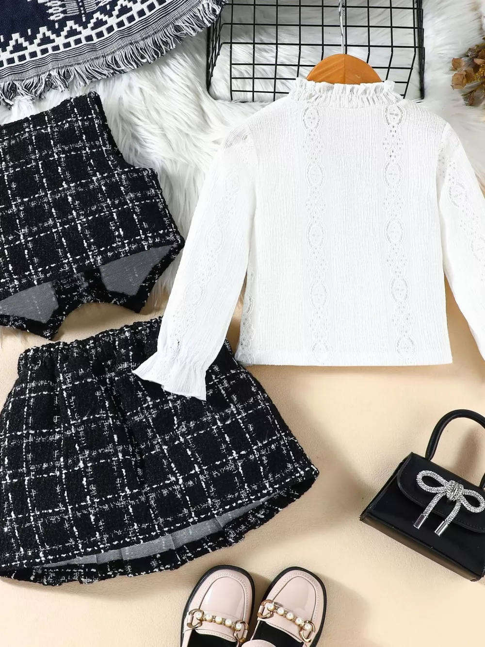 Children's Long Sleeve Top & Plaid Vest & Pleated Skirt Set, image 7