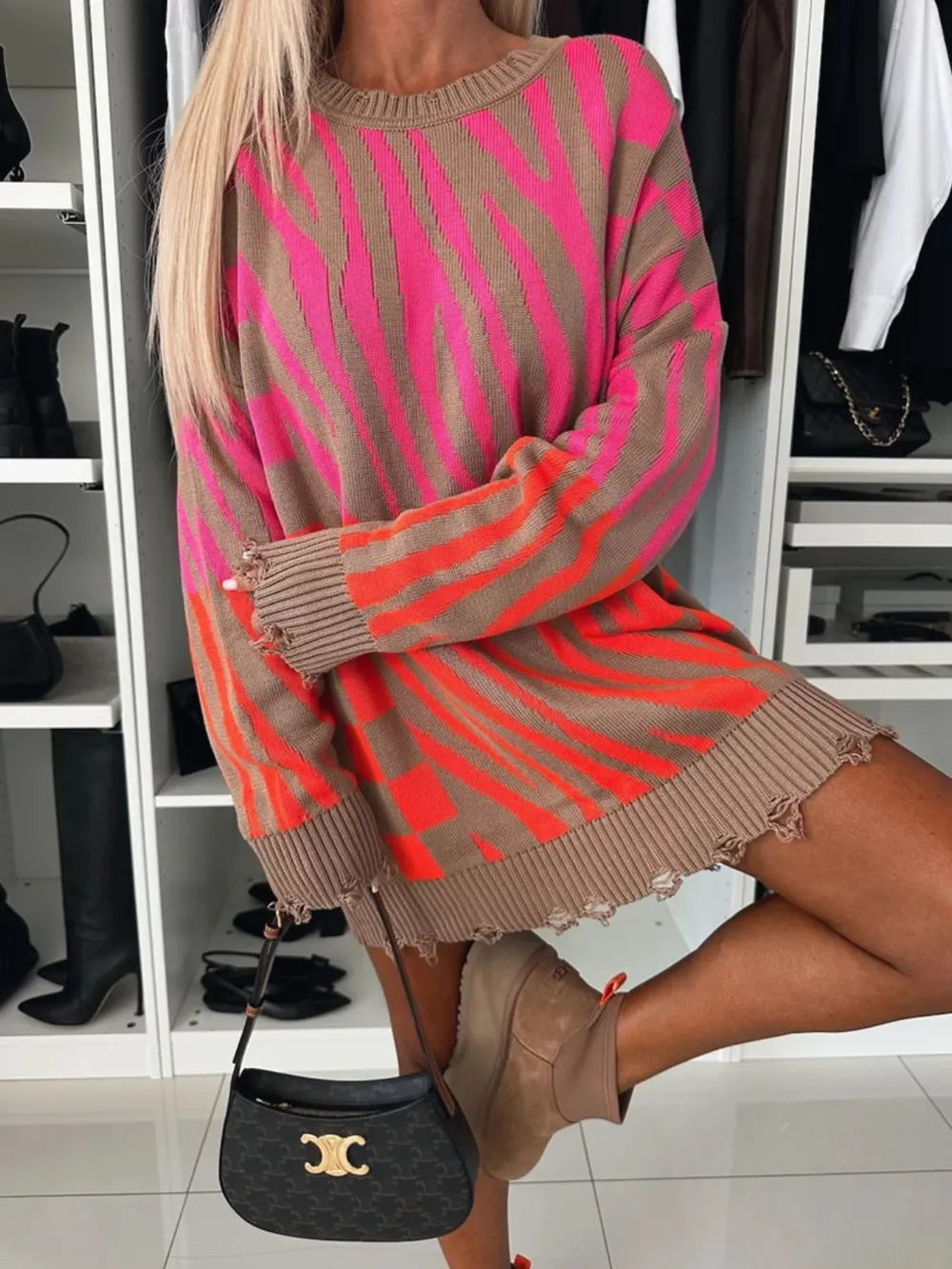 Contrast Round Neck Long Sleeve Oversize Sweater, image 2