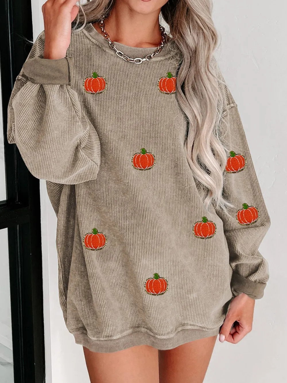 Pumpkin Round Neck Long Sleeve Sweatshirt, image 4