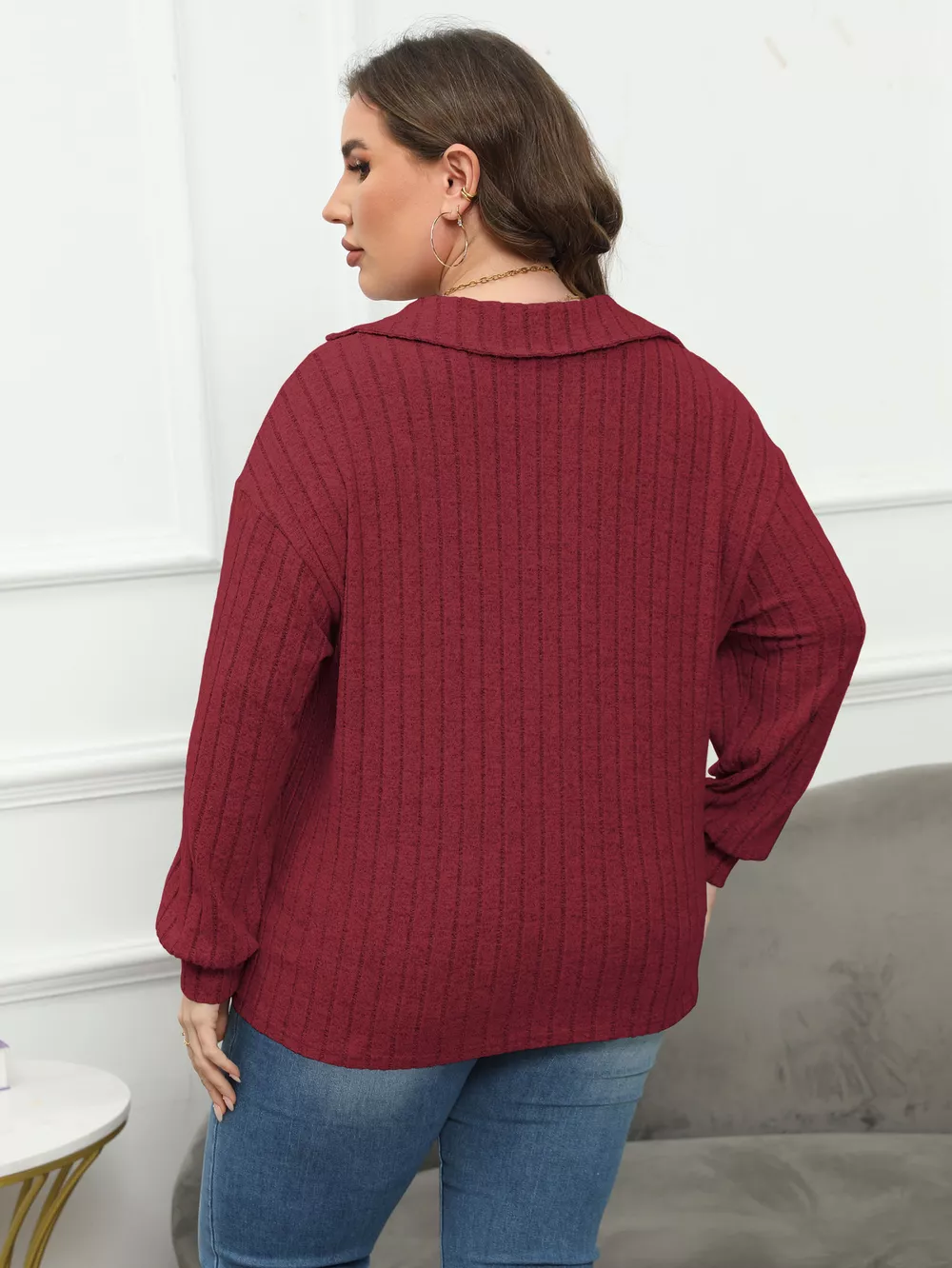 Plus Size Ribbed Knit Polo Collar T-Shirt, image 24