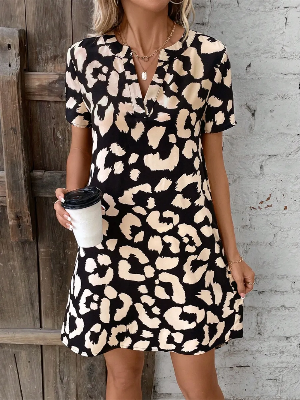 Printed Notched Short Sleeve Mini Dress, image 7